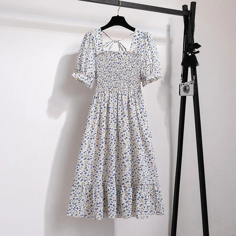 Color: Coffee, Size: One Size - Spring Summer Chiffon Dresses Fashion Female Elastic Waist Short Sleeve Pleated Casual Dress Women A-line Dresses Vestidos