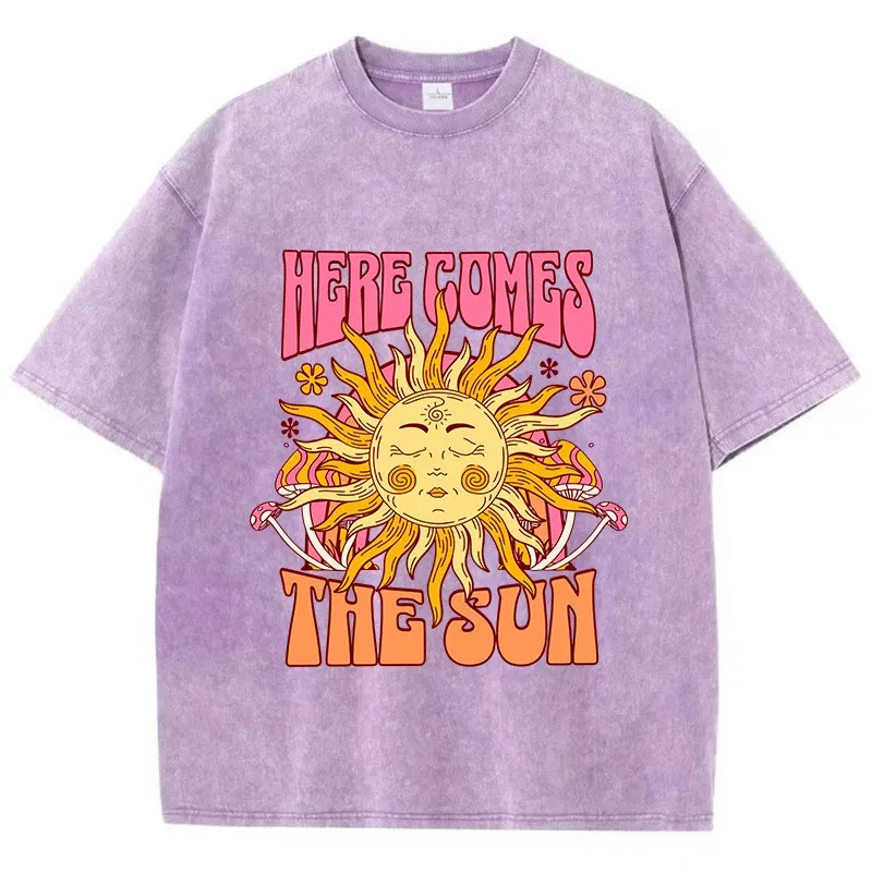 Color: Brown, Size: L - Oversize Women's Washed T-Shirt Cotton Here Comes The Sun Prints T Shirts Casual O-Neck Short Sleeve Tops Loose Women's Clothes