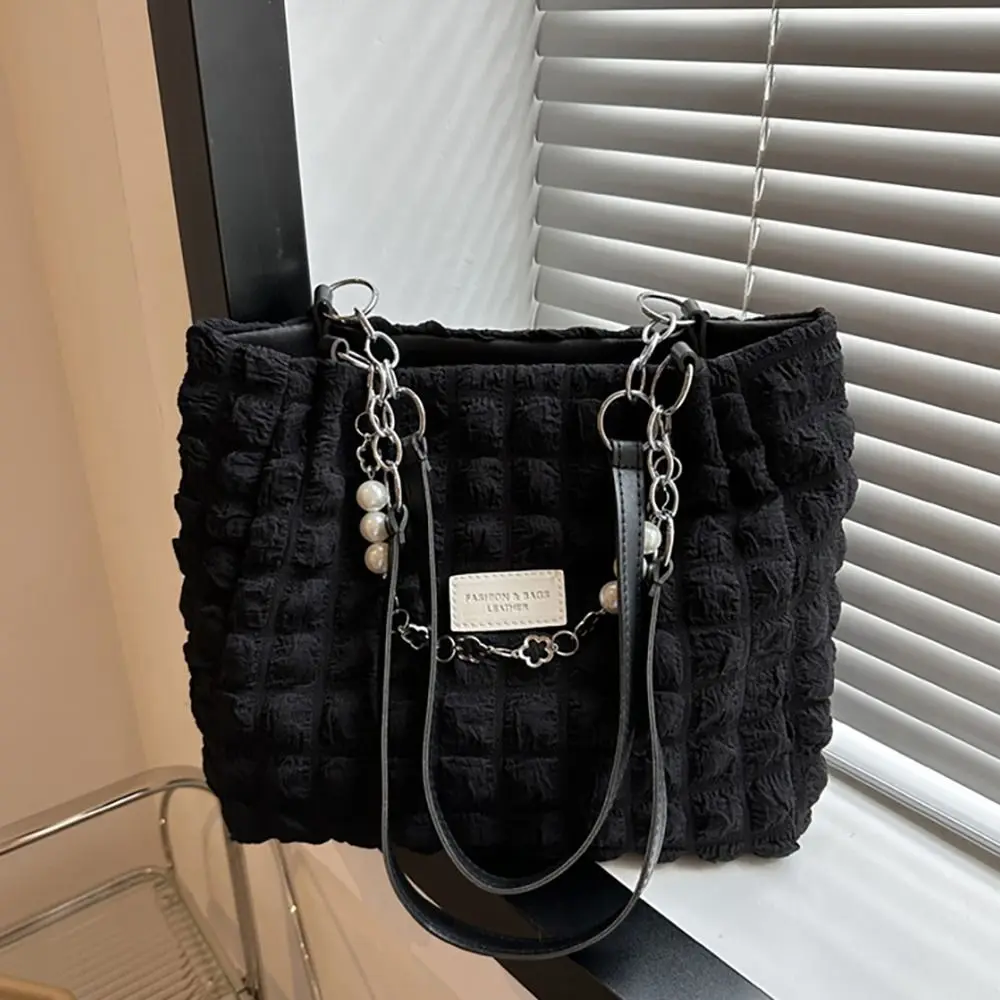 Color: black - Large Capacity Ladies Tote Bag Fashion Plaid Women's Beaded Chain Shoulder Bags Soft Fabric Commuter Female Handbags Purse