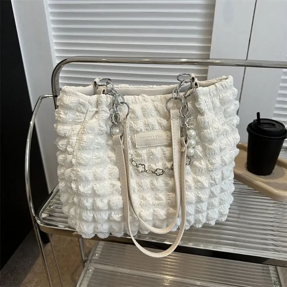 Color: black - Large Capacity Ladies Tote Bag Fashion Plaid Women's Beaded Chain Shoulder Bags Soft Fabric Commuter Female Handbags Purse