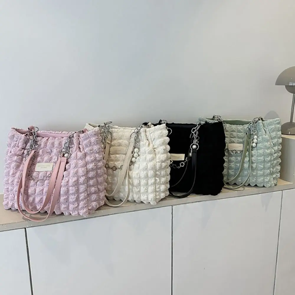 Color: black - Large Capacity Ladies Tote Bag Fashion Plaid Women's Beaded Chain Shoulder Bags Soft Fabric Commuter Female Handbags Purse