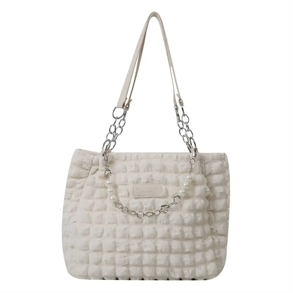 Color: black - Large Capacity Ladies Tote Bag Fashion Plaid Women's Beaded Chain Shoulder Bags Soft Fabric Commuter Female Handbags Purse
