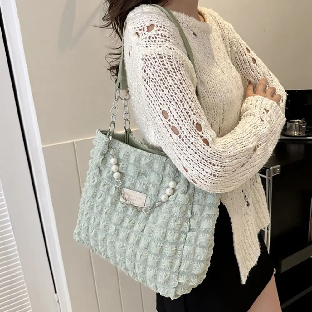 Color: black - Large Capacity Ladies Tote Bag Fashion Plaid Women's Beaded Chain Shoulder Bags Soft Fabric Commuter Female Handbags Purse