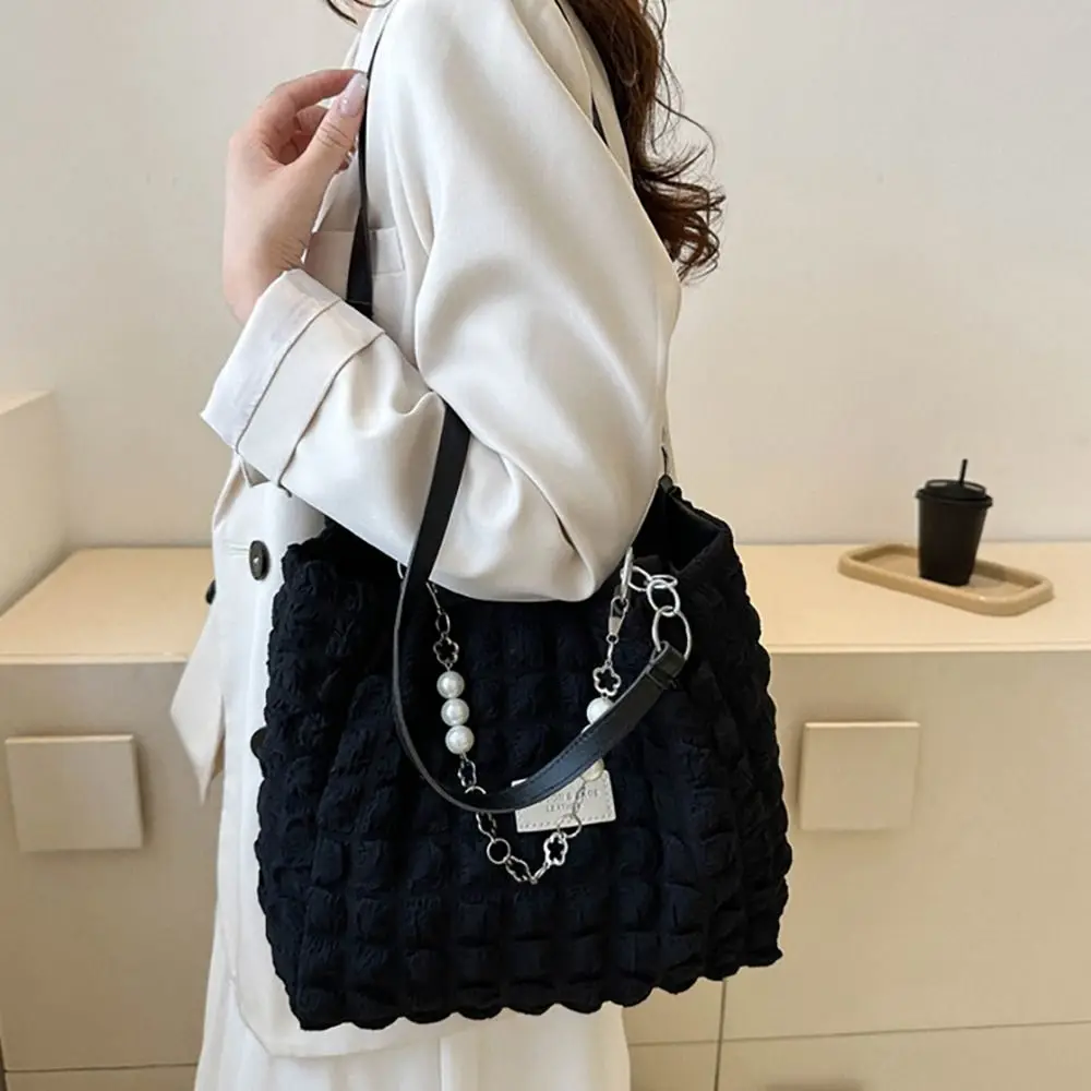 Color: black - Large Capacity Ladies Tote Bag Fashion Plaid Women's Beaded Chain Shoulder Bags Soft Fabric Commuter Female Handbags Purse