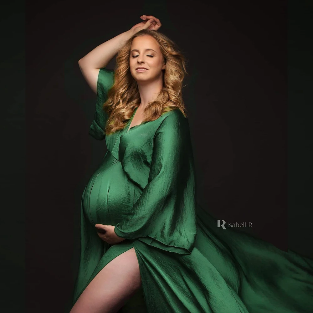 Color: army green - Boho Maternity Photography Props V Neck Dresses Free Size Adjustable Soft Pregnancy Photo Shoot Sides Slit For Baby Shower