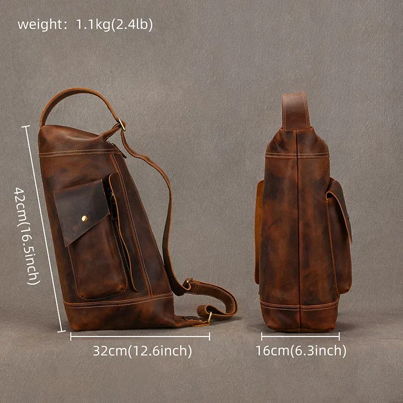 Color: Blue - 2025 New Style Men's Leather Chest Bag Retro Single Shoulder Crossbody Bag Multi-functional Shoulder Bag For Male Travel Bagpack