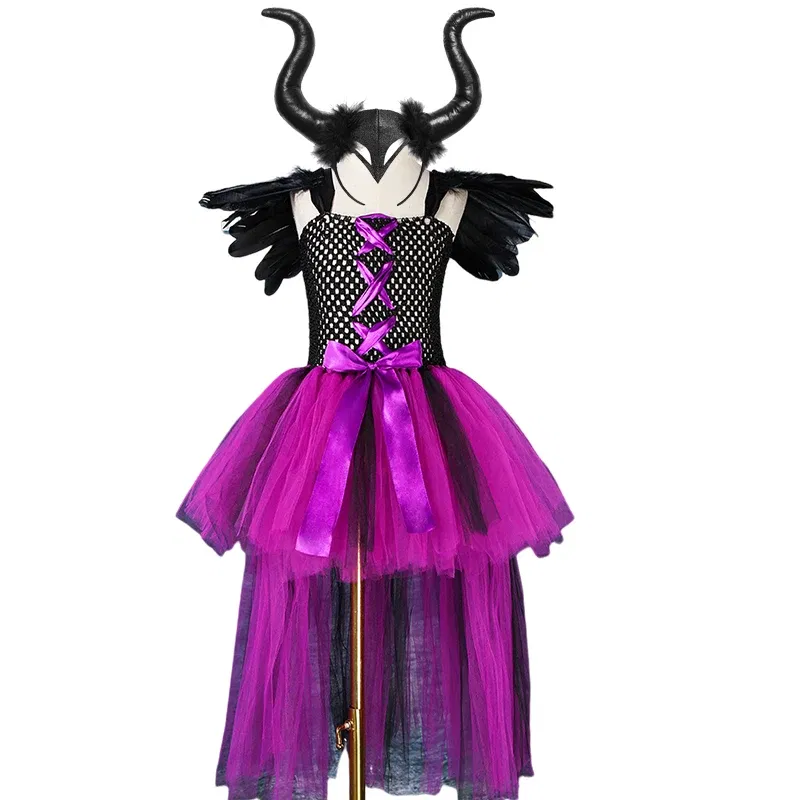 Color: SKY BLUE, Kid Size: 2T - Halloween Witch Tutu Dress for Girls Handmade Mesh Bat Wizard Cosplay Costumes with Hat Broom Toddler Evil Party Clothes Set