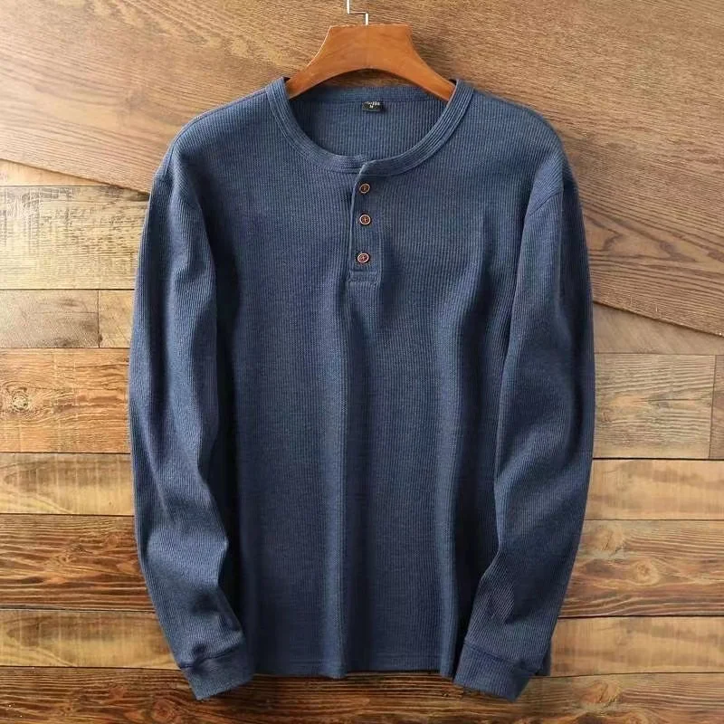 Color: Khaki, Size: XS, Ships From: CHINA - Slim Fit Mens Basic Tee Casual Tshirts Henley Waffle Long Sleeve Shirts Thermal Solid Half Button Breathable 100% Cotton Shirts