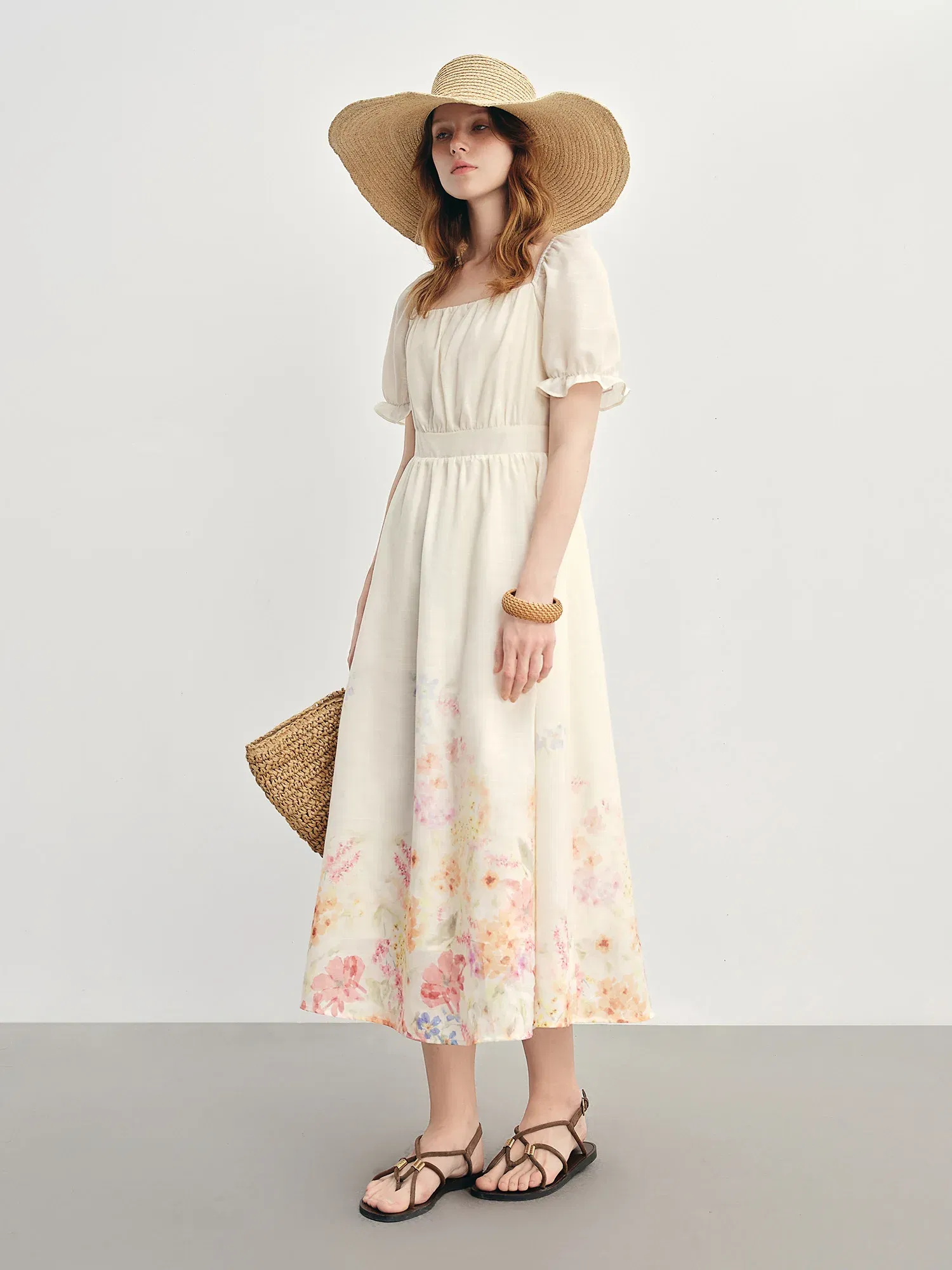 ?‹DUSHU Summer 2025 Textured Floral Dress - Regal Bubble Sleeve Fluid Silhouette Resort to Office?‹