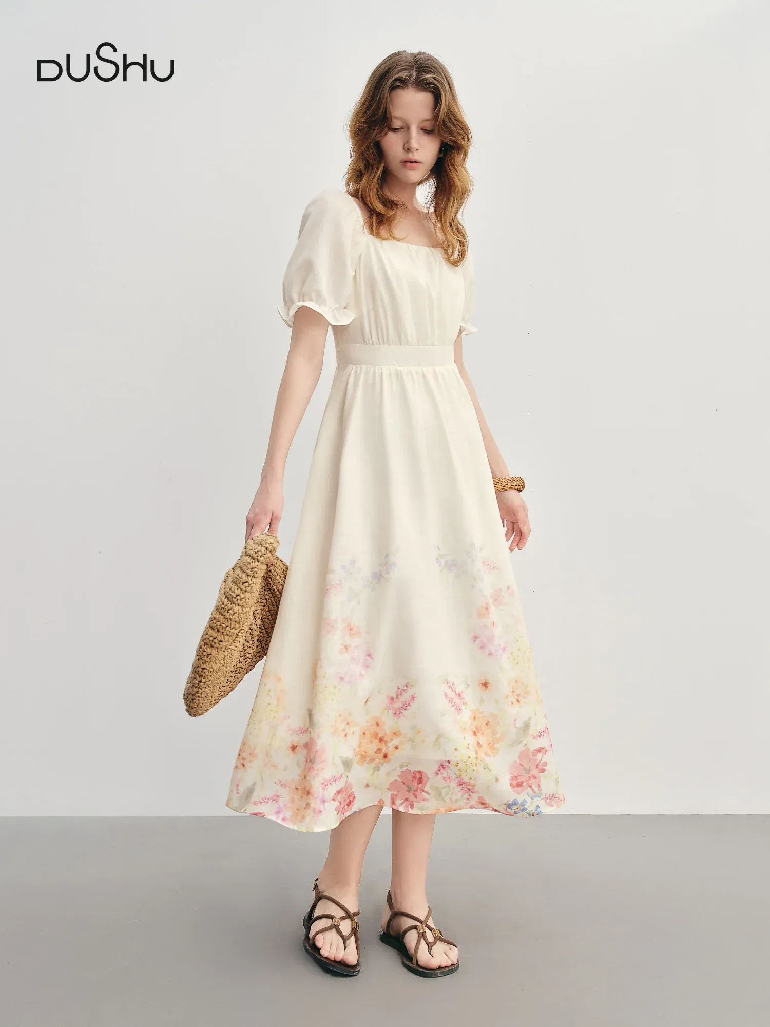 ?‹DUSHU Summer 2025 Textured Floral Dress - Regal Bubble Sleeve Fluid Silhouette Resort to Office?‹