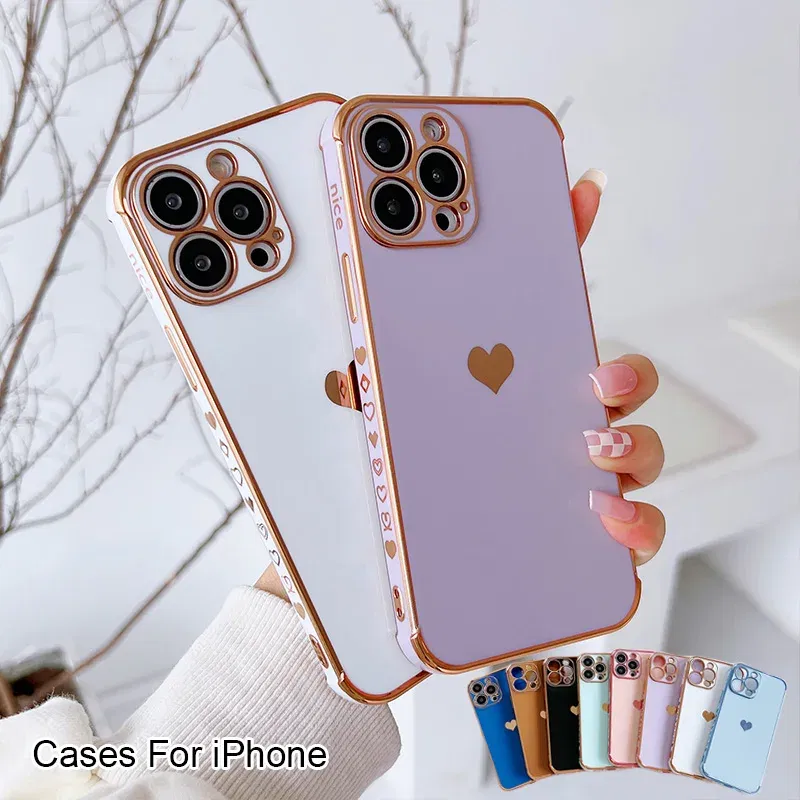 Color: Beige, Compatible-Phone Models: For iPhone 12 Pro Max, Ships From: CN - Electroplating Side Love Heart Phone Case For IPhone 16 15 14 13 12 11 Pro Max XR 8 Plus SE2/SE3 Shockproof Back Cover