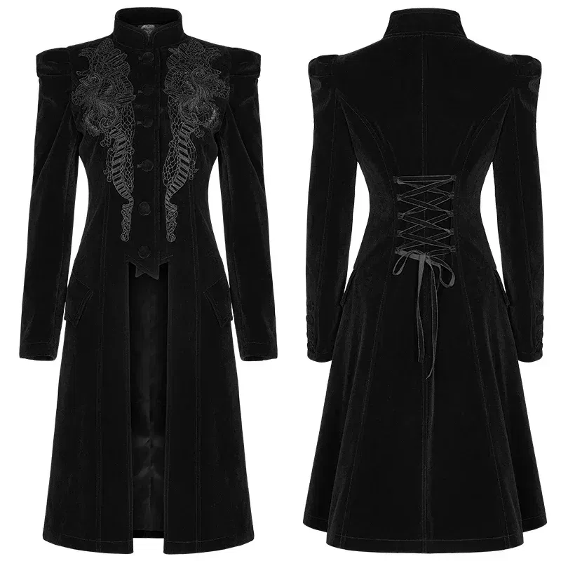 PUNK RAVE Women's Gothic Mid Length Coat Gorgeous Retro High-grade Weft Velveteen Slim Fit Party Evening Dinner Costume Jacat