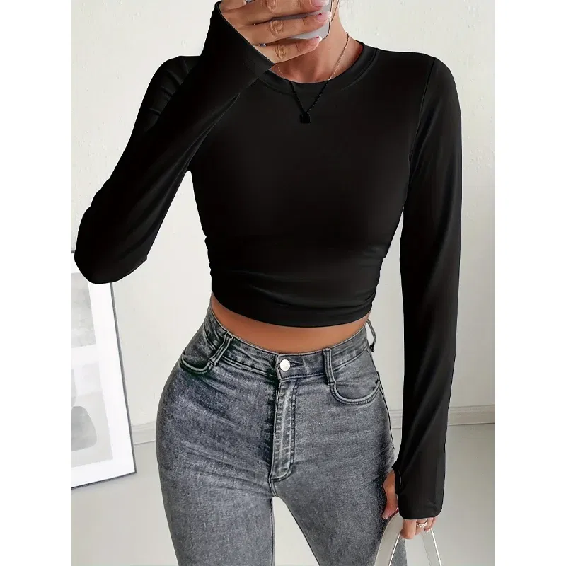 Color: Pink, Size: S - Autumn Winter Women's Long Sleeve T Shirt Slim Fit Tees Crop Tops Shirts Basic Tee Tops Workout Streetwear Y2K Fall Fashion 2025