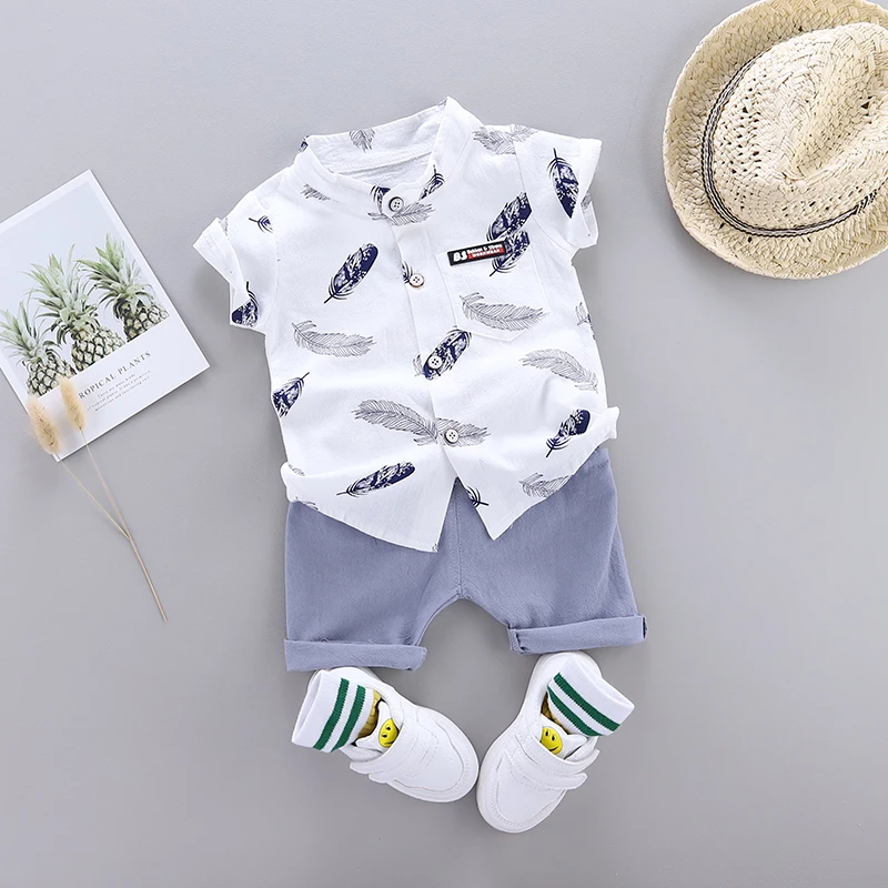 Color: WHITE, Kid Size: 6M - 0-3 Year Old Baby Summer Feather Print Shirt Short Sleeve Suit