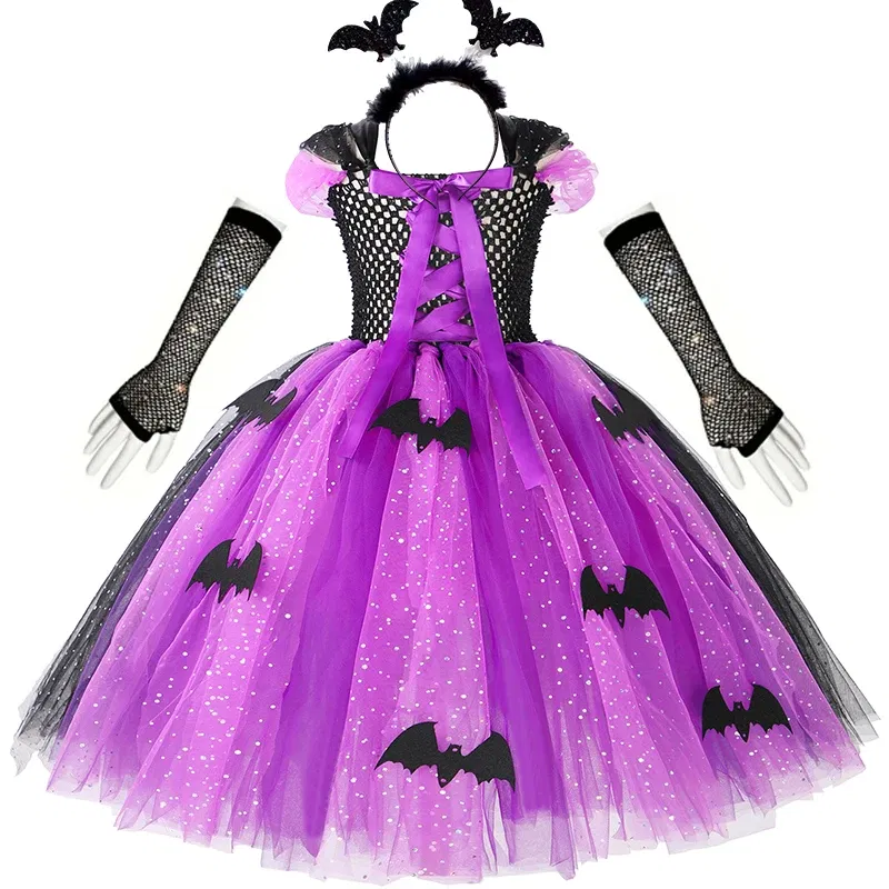 Color: Pink, Kid Size: 5 - Halloween Witch Tutu Dress for Girls Handmade Mesh Bat Wizard Cosplay Costumes with Hat Broom Toddler Evil Party Clothes Set
