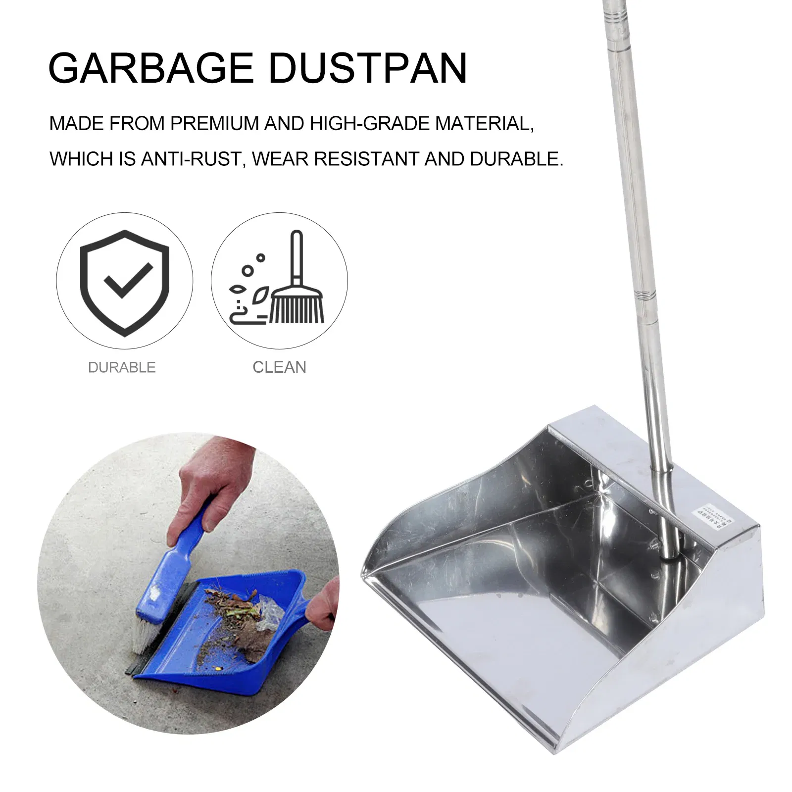 Color: WHITE - Dustpan Long Pan Metal Cleaning Handle Pans Upright Handled Kitchen Outdoor Outdoor Broom Dust Duty Heavy Stainless Steel