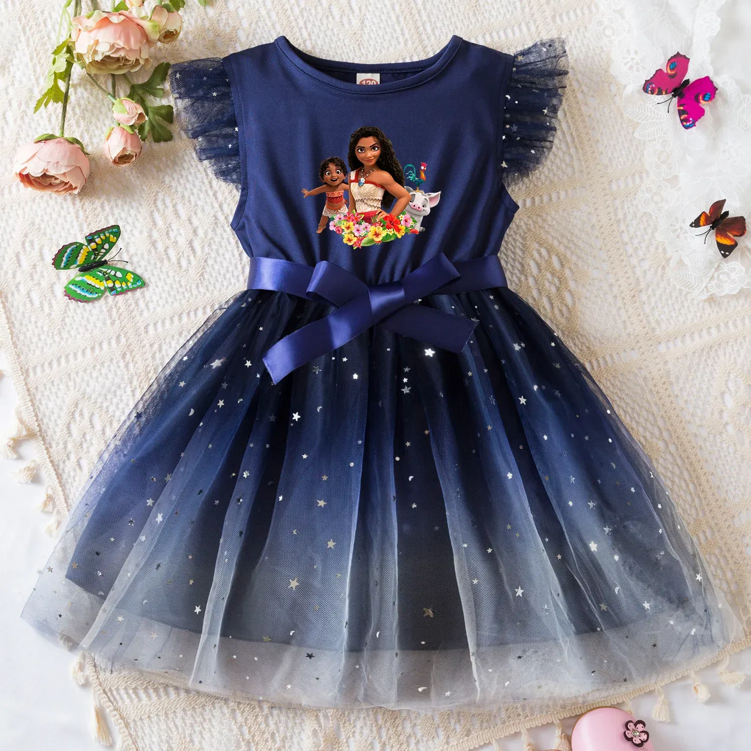 Color: Gold, Size: XS - Moana Summer Toddler Girl Dress Princess Star Baby Girls Clothes Tulle Tutu Dress for Children Party Dress 2-6Y
