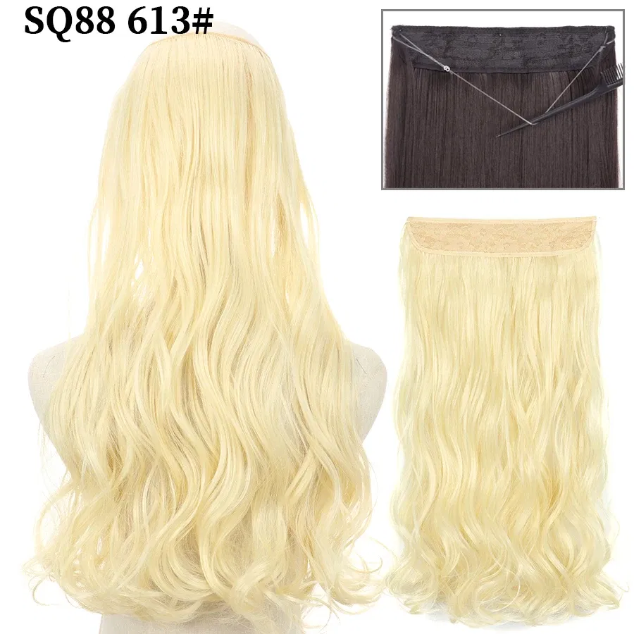 Color: T1B/27, Stretched Length: 32inches, Ships From: CHINA - Synthetic Natural Wavy No Clip Fish Line Invisible Hair Extensions Mixed Color Blonde Black Artificial False Hair Piece ForWomen