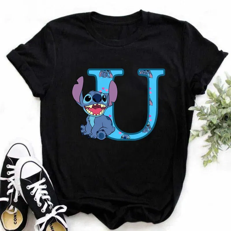 Color: Fuchsia, Size: S - Disney Lilo&Stitch A-Z Alphabet Summer Women's Printed T-Shirt Women's Casual Tops T-Shirt Fashion Cartoon Plus Size T-Shirt