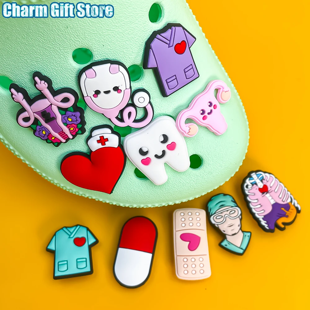 Color: Champagne - 1pcs Medical Clog Accessories Stethoscope Syringe Gibit Shoe Charm Clog Pins Teeth Uterus Nurse Clips Jeans Girl Women Gift