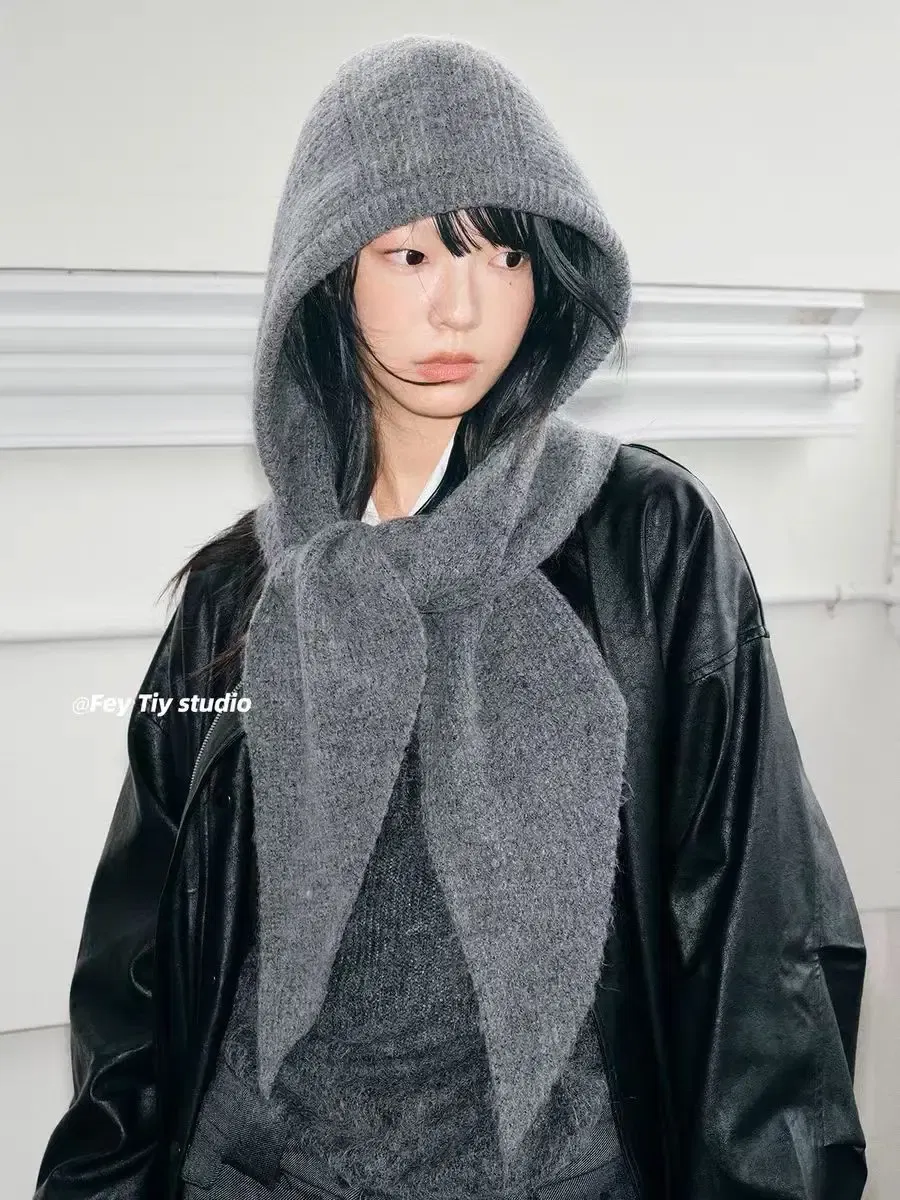 Color: GRAY - Multicolor Balaclava women's autumn and winter warm wool hat scarf integrated hooded scarf knitted hat trendy