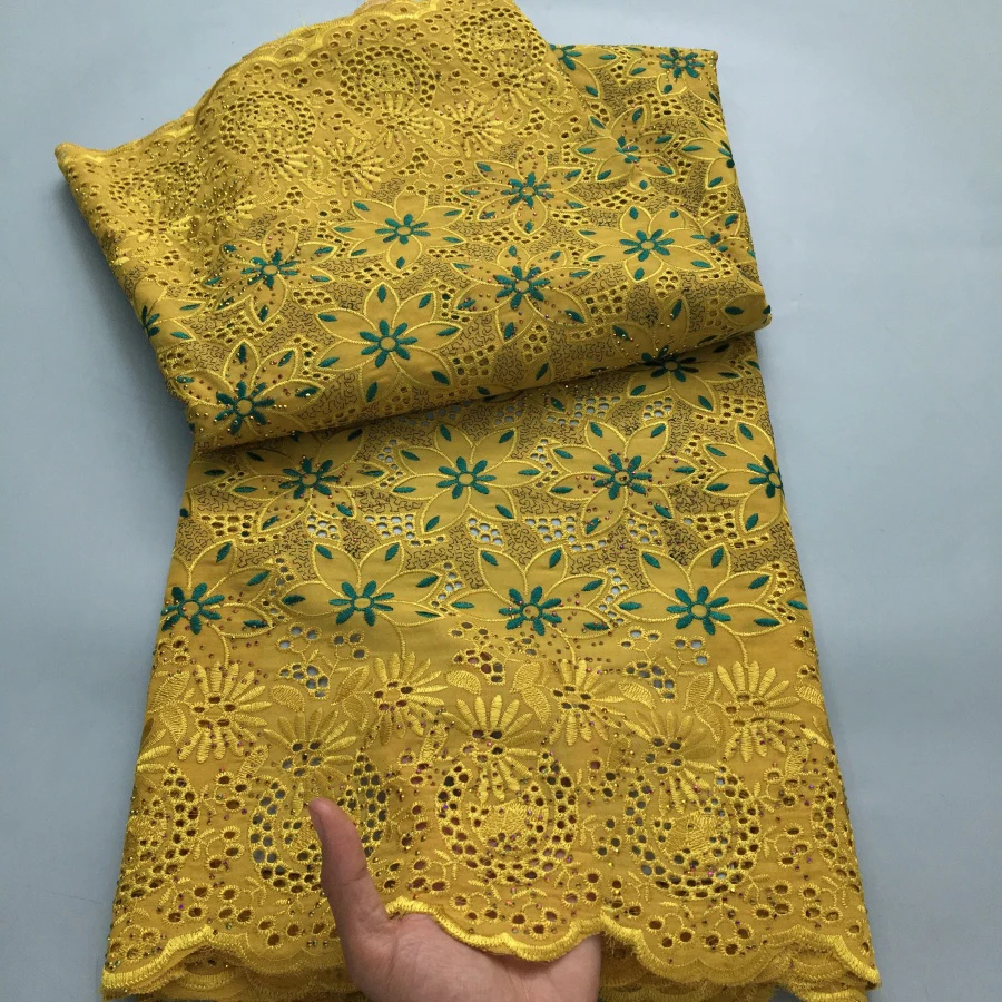 Color: green, length: 5 yards, Width: 120cm - Black Swiss Lace Fabric High Quality 2025 Embroidered Rhinestones Nigerian Cotton Lace Fabric African Dress for Women Sew A4212