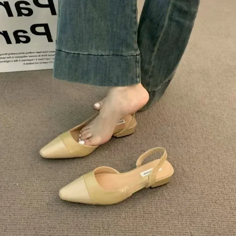 Color: WHITE, Shoe Size: 39 - 24Low Heel Baotou Sandals Women's French Nude Color Pointed Small Fragrant Style Ladies Thick Heels Back Air Style Single Shoes