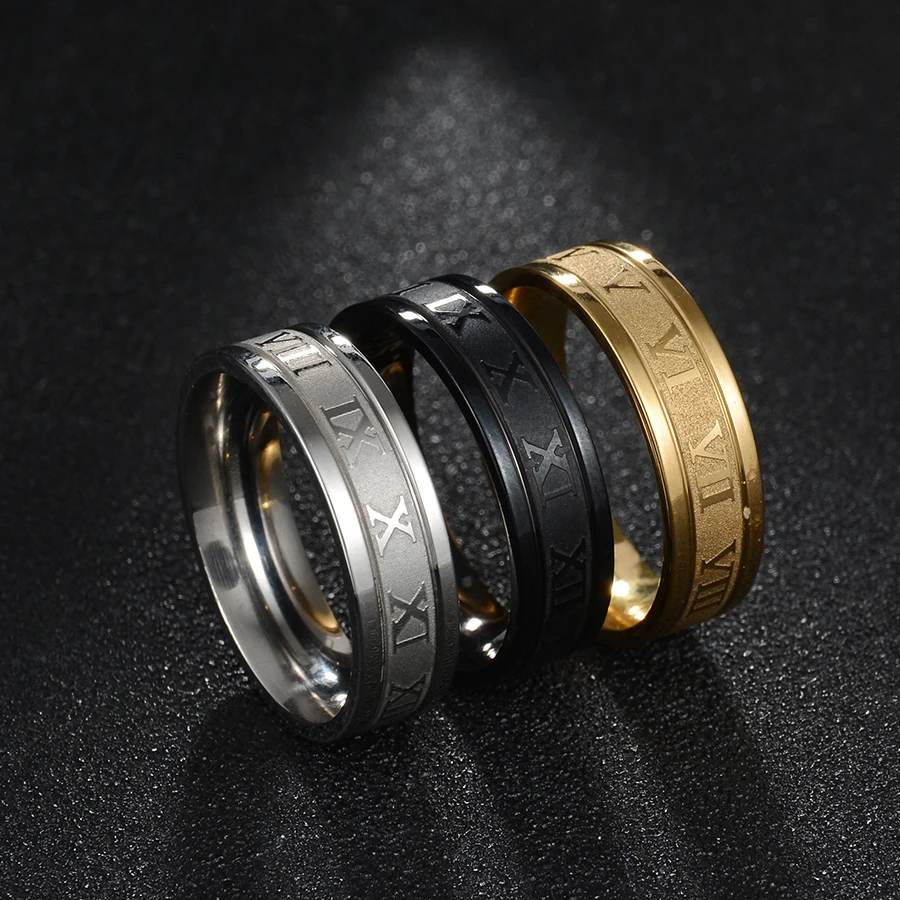 Main Stone Color: WHITE, Ring Size: 12 and greater - Letdiffery 6mm Punk Roman Numerals Rings High Quality Stainless Steel Women Men Jewelry For Wholesale Dropshipping
