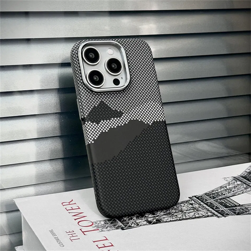 Color: Beige, Material: Vinyl - Luxury Alloy Lens 3D Relief Peak Carbon Fibre Pattern Case For iPhone 13 14 15 16 Pro Max Slim Shockproof PC Cover For Magsafe