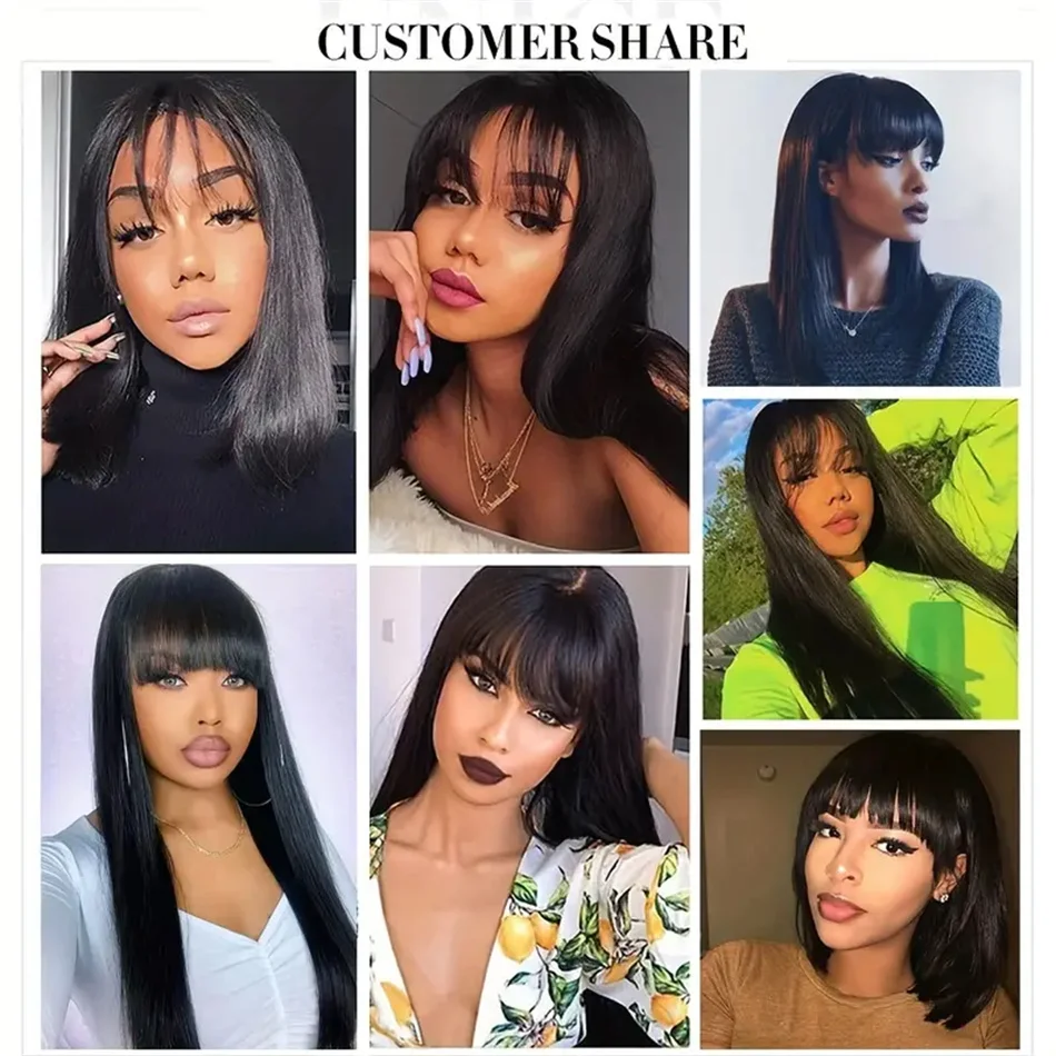 Stretched Length: 32inches, Density: 180% - Silky Wig Human Hair Full Machine Made Straight 100% Human Hair Wigs With Bangs For Women Brazilian Cheap Wig On Sale Clearance