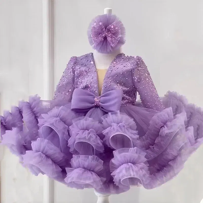 Kid Size: 5T, Color: Brown - 2-12 years old sequin long-sleeved dress girl puffy dress girl lace birthday wedding flower girl bow performance dress