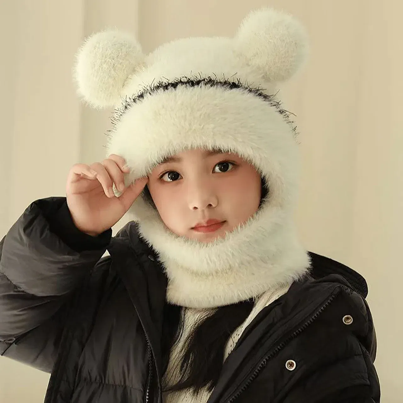Color: black, Size: XXL - Kids Plush Scarf Pullover Cap Winter Warm Ear Protection Hat 2-10Year Children One-Piece Beanie Baby Velvet Neckerchief Headgear