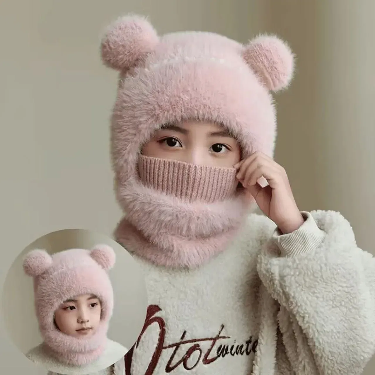 Color: black, Size: XXL - Kids Plush Scarf Pullover Cap Winter Warm Ear Protection Hat 2-10Year Children One-Piece Beanie Baby Velvet Neckerchief Headgear