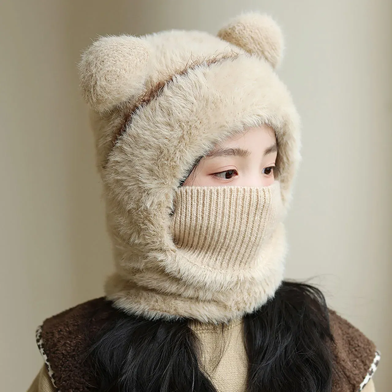 Color: black, Size: XXL - Kids Plush Scarf Pullover Cap Winter Warm Ear Protection Hat 2-10Year Children One-Piece Beanie Baby Velvet Neckerchief Headgear