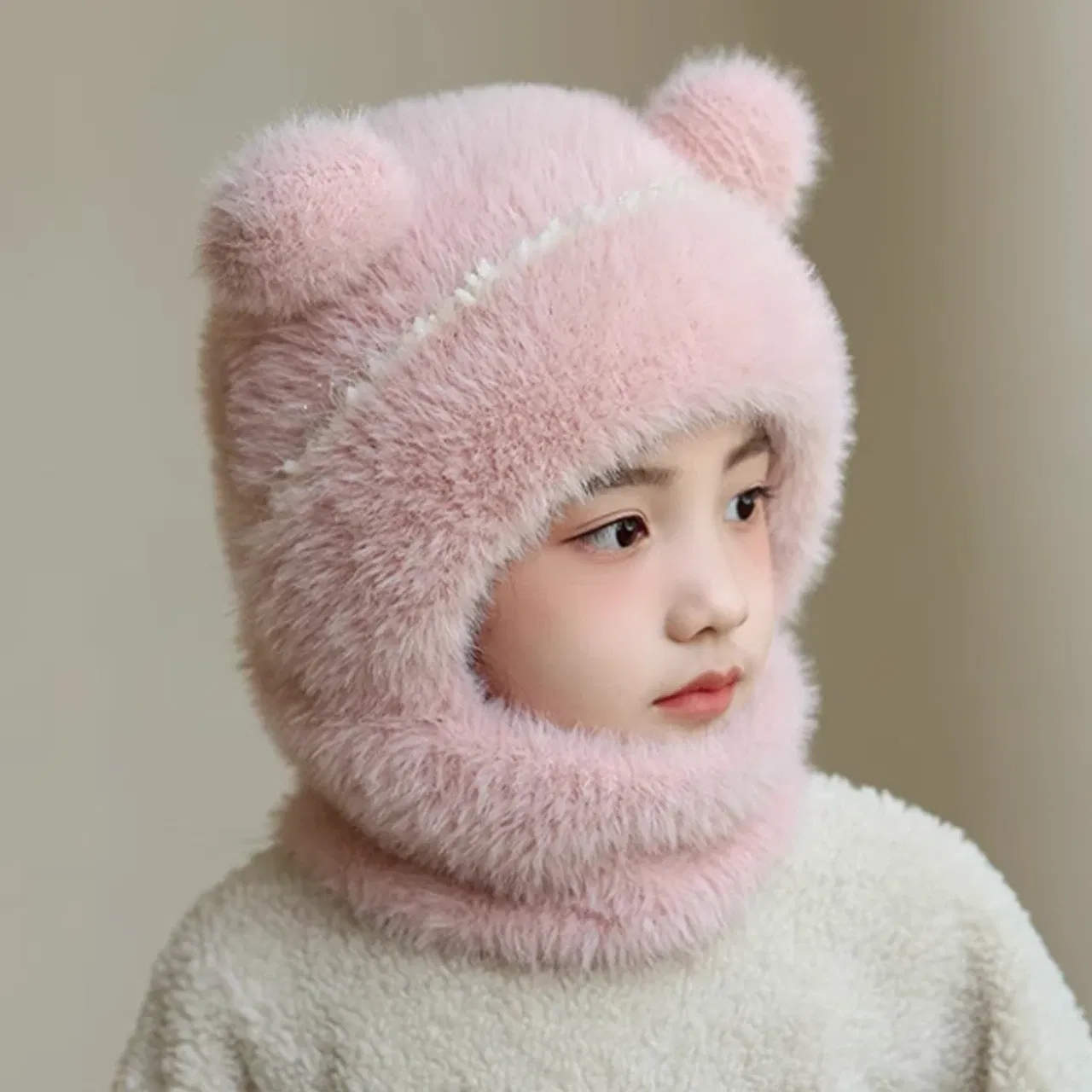 Color: black, Size: XXL - Kids Plush Scarf Pullover Cap Winter Warm Ear Protection Hat 2-10Year Children One-Piece Beanie Baby Velvet Neckerchief Headgear