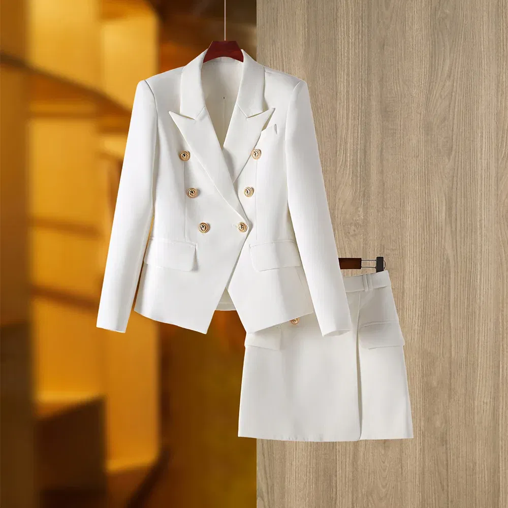 Color: WHITE, Size: XL, Ships From: CN - New Arrival Elegant Style Lady Office Work Suit Double-breasted Long Sleeve Fitted Blazer A-line Pencil Mini Skirt Women 2Pcs