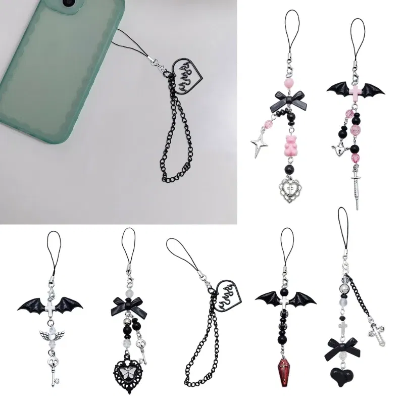 Color: Orange - Goth Y2K Phone Charm Pendant Kawaii-Key Chain For Bag Cute Accessory Women Guitar Strap Lanyard Beaded Keychain Pendant