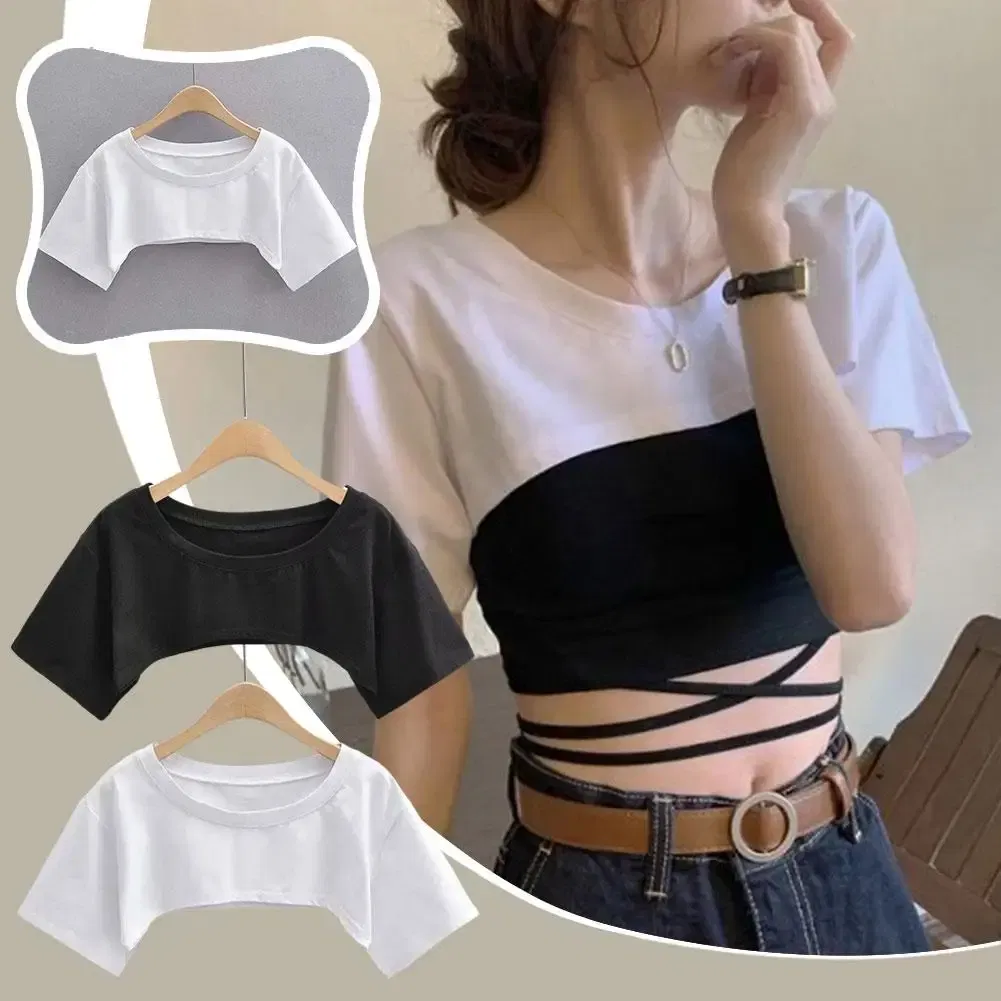 Solid White Loose Cropped Top Harajuku Sexy O Neck T Womens Streetwear y2k Sleeve Tee Vintage Shirt Casual Wear Short Ladie S2V3