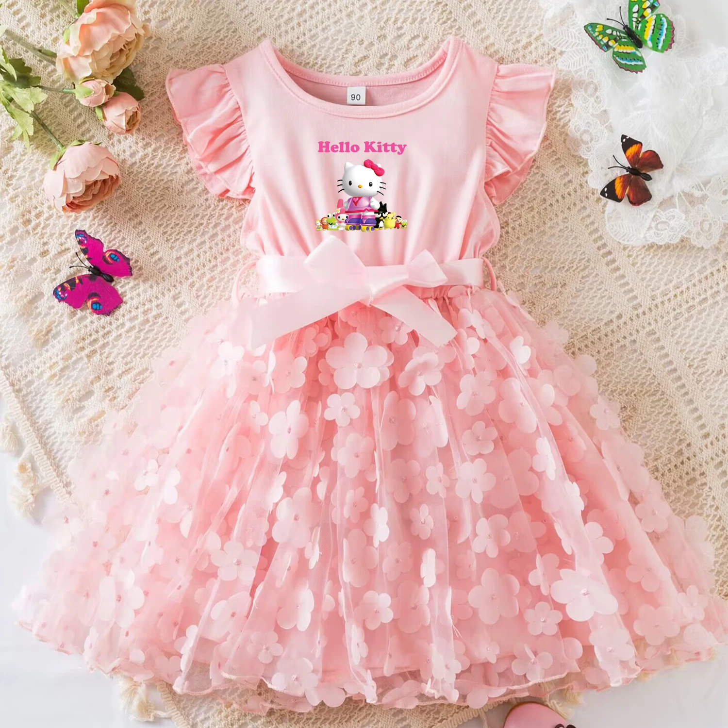 Color: army green, Size: XS - Hello Kitty Summer Dress for Kid's Casual Clothes 3D Butterfly Cute Baby Girls Princess Dress Party Dresses 2-6 Yrs