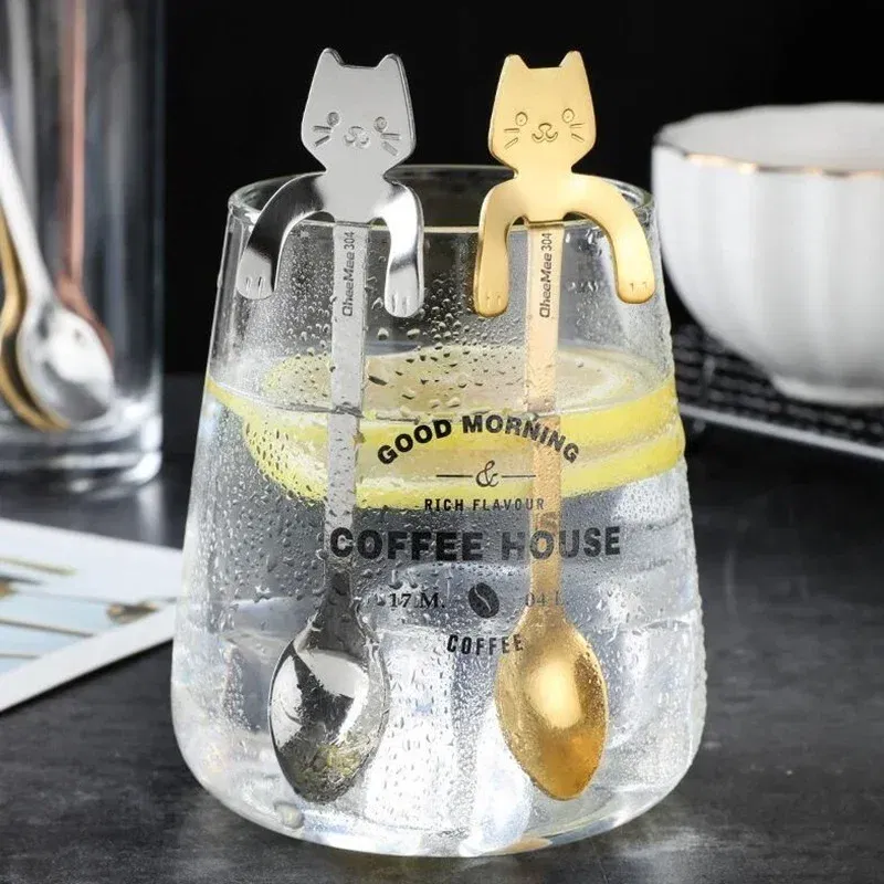 Color: Red - Stainless Steel Coffee Spoon Lovely Cute Cat Shape Teaspoon Dessert Snack Scoop Ice Cream Mini Spoons Tableware Kitchen Tools