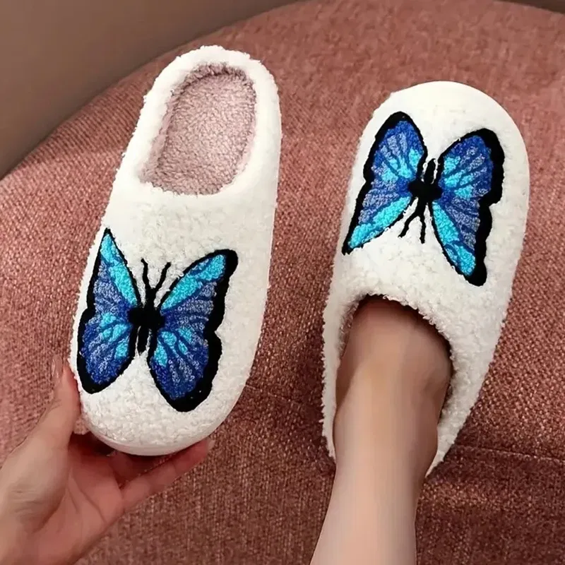 Color: Blue, Shoe Size: 36-37 - Lucyever Butterfly Embroidery Plush Woman Slippers Non Slip Soft Home Slides Shoes Women Winter Comfy Warm Cotton Shoes Female