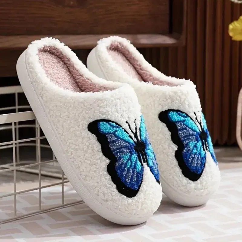 Color: Blue, Shoe Size: 36-37 - Lucyever Butterfly Embroidery Plush Woman Slippers Non Slip Soft Home Slides Shoes Women Winter Comfy Warm Cotton Shoes Female