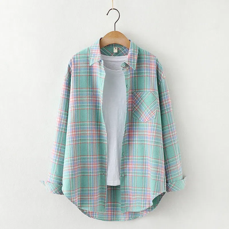 Color: WHITE, Size: M - Fresh Flannel Plaid Shirt Women 2025 New Female Blouses and Tops Cotton Loose Long Sleeve Casual Shirts Fine Women's Clothes