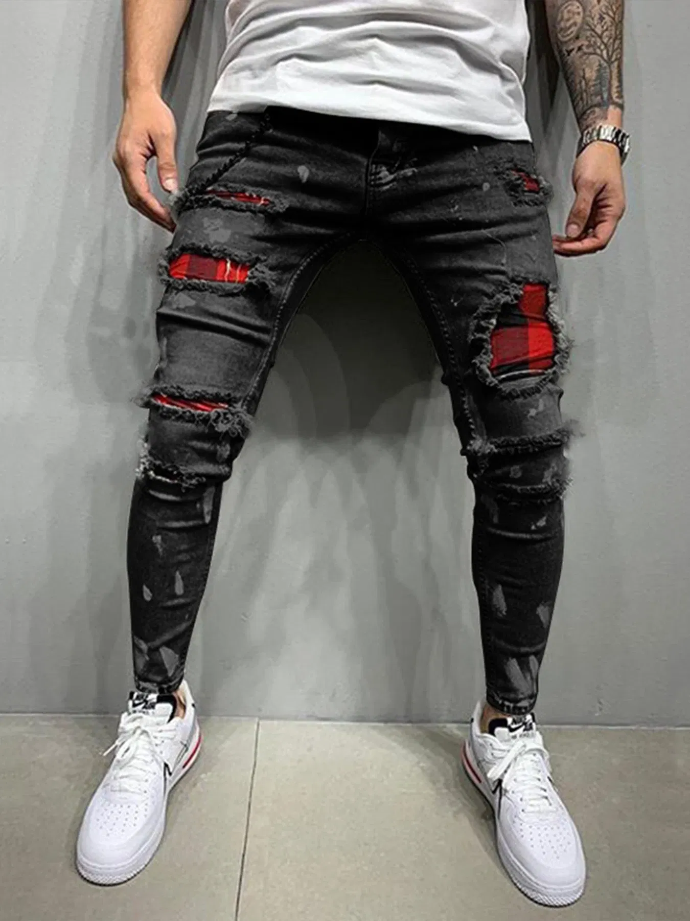 Color: Khaki, Size: L, Ships From: CHINA - Men's Punk Hip Hop Black Fashion Jeans Spring summer New Rock Motorcycle Street Wear Tight Casual Denim pants Straight leg pants