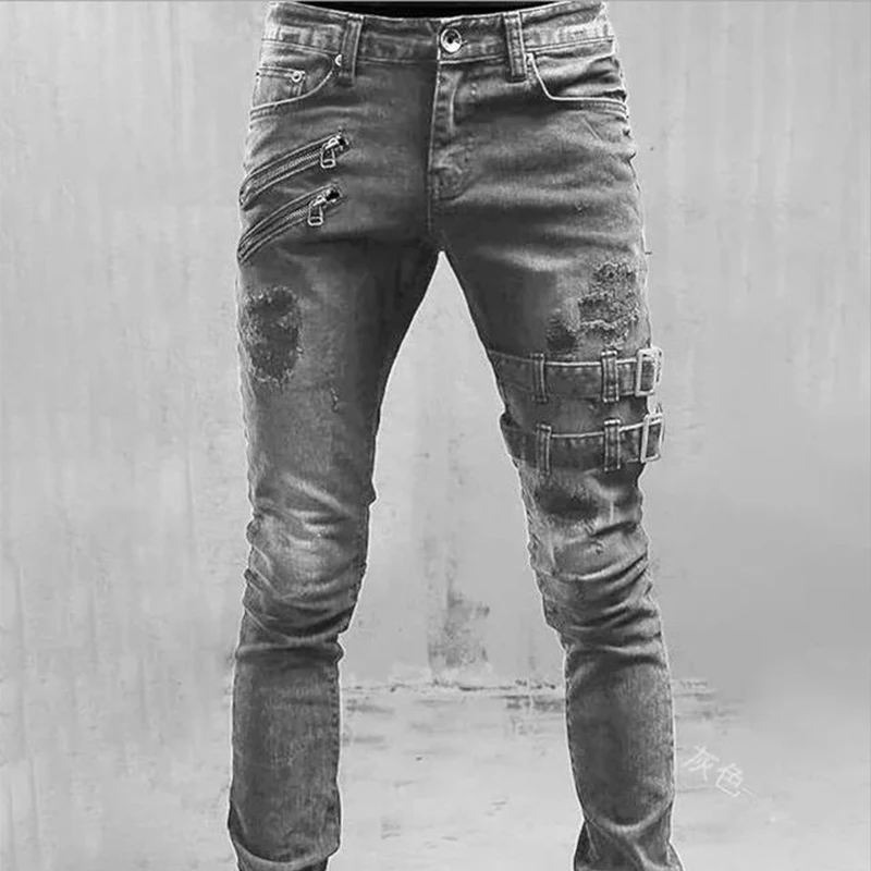 Color: Khaki, Size: L, Ships From: CHINA - Men's Punk Hip Hop Black Fashion Jeans Spring summer New Rock Motorcycle Street Wear Tight Casual Denim pants Straight leg pants