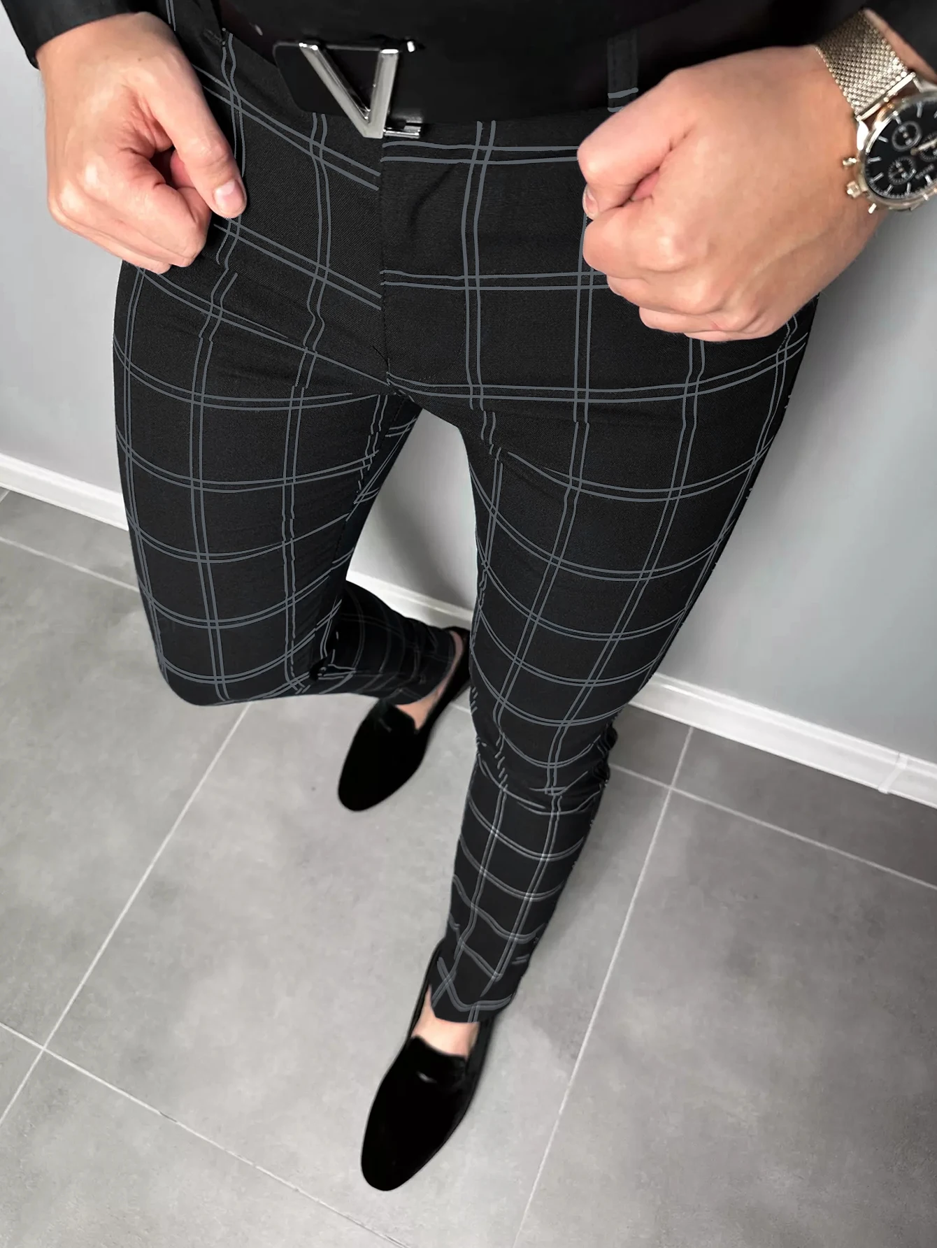 Color: Blue, Size: M - Checkered Fashion Europe and the United States Style Men's Pants Business Casual Travel Slim Pants Comfortable and Versatile