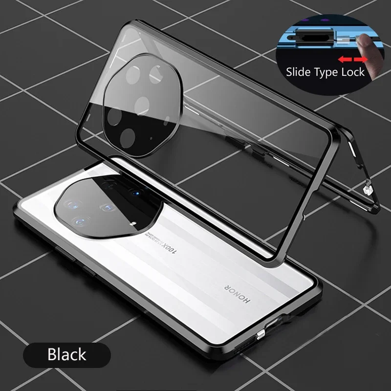 Color: black, Material: PP - Double Sided Glass Magnetic Metal Snap Lock Phone Case For Honor Magic 4 5 Ultimate 6 Lite 7 Pro Lens Protection Cover Cases