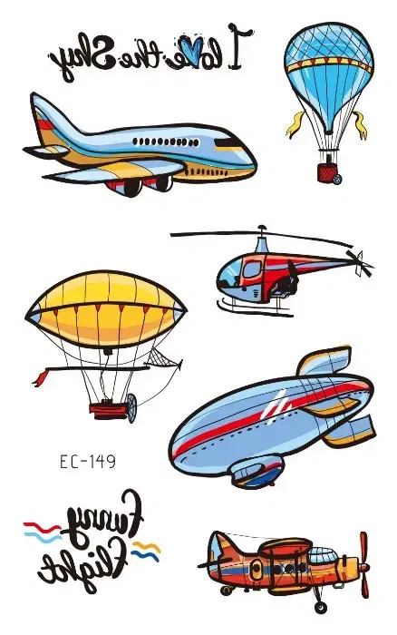 Color: wine red - 1Sheets Vehicle Temporary Tattoo Small Cars Helicopter Train Steamship Hot Air Balloon Kid Waterproof Fake Tattoo Sticker