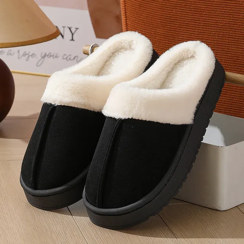 Color: Straw, Shoe Size: 42-43, Ships From: CHINA - Asgard Plush Women Slippers Thick Sole Non-slip Outdoor Fuzzy Slides Winter New Fur Collar Cotton Shoes Winter Warm Home Slipper