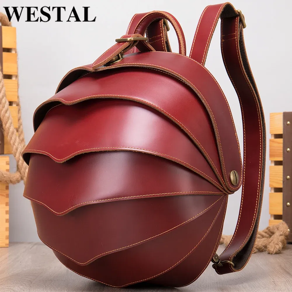 Color: Brown - WESTAL Crazy Horse Leather Backpack for Woman Round Mini Schoolbag Backpack Purse Antitheft Rucksack Ladies Designer Backpacks